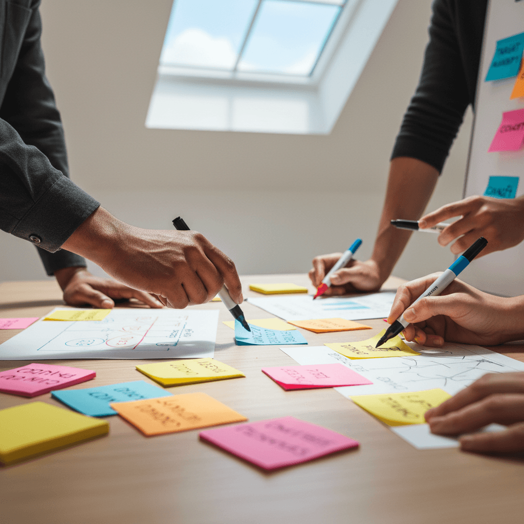 Close-up of diverse hands collaborating around colorful sticky notes and markers during brainstorming session